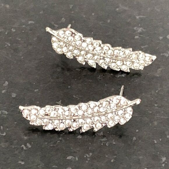Sparkly Feather Ear Crawler Silver Tone Earrings, Angel Wings, Leaf Studs Gift - Picture 3 of 10